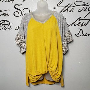 GiGio Yellow & Animal Print Flutter Sleeve Jersey Front Tie Blouse, S